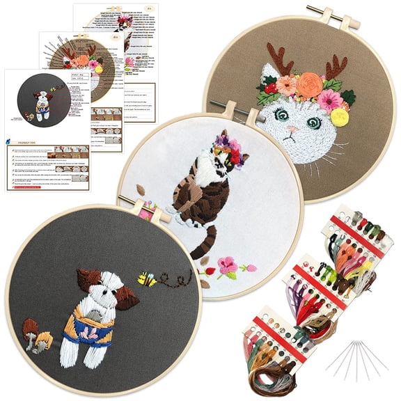3pcs Cat Embroidery Kits for Beginners,Include Embroidery Clothes with Pattern,3pcs Embroidery Hoops and Instructions,Scissors and Color Threads,Craft Cross Stitch Set for Adults DIY Decor Living Room