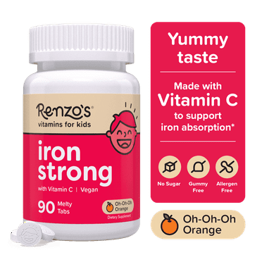 Renzo’s Iron with Vitamin C Kids Iron Supplement Sugar Free Vegan Vitamins, 90 Tabs
