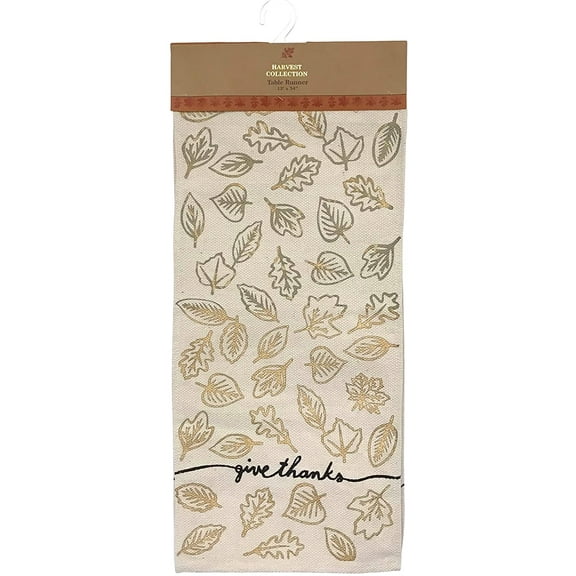 Serafina Home Fall Table Runner: Natural Beige with Rustic Gold and Silver Leaf Sketch Give Thanks Message, Printed on Cotton Fibers with Faux Burlap Weave.