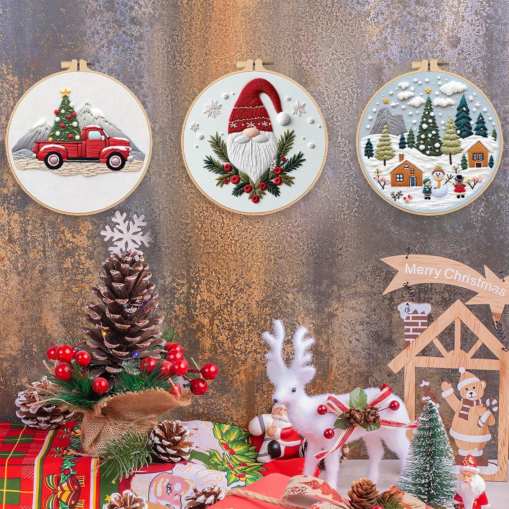 HVEST 3 Pack Christmas Embroidery Kit for Beginners - Xmas Tree & Gnome with Embroidery Pattern, Hoop, Complete Cross Stitch Supplies (Needle/Threads/Scissors) DIY Craft for Adults Sewing Hobby