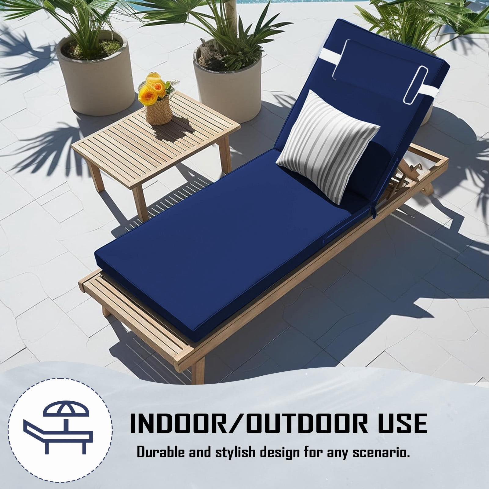 Outdoor Chaise Lounge Cushion with Adjustable Headrest and Straps