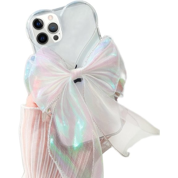Compatible with iPhone 13 Pro Max Clear Case Cute Heart Laser Bow Transparent Gradient Glitter Fashion Slim Cover Shockproof Protection for iPhone 13 Pro Max (6.7 inch) Women Girls