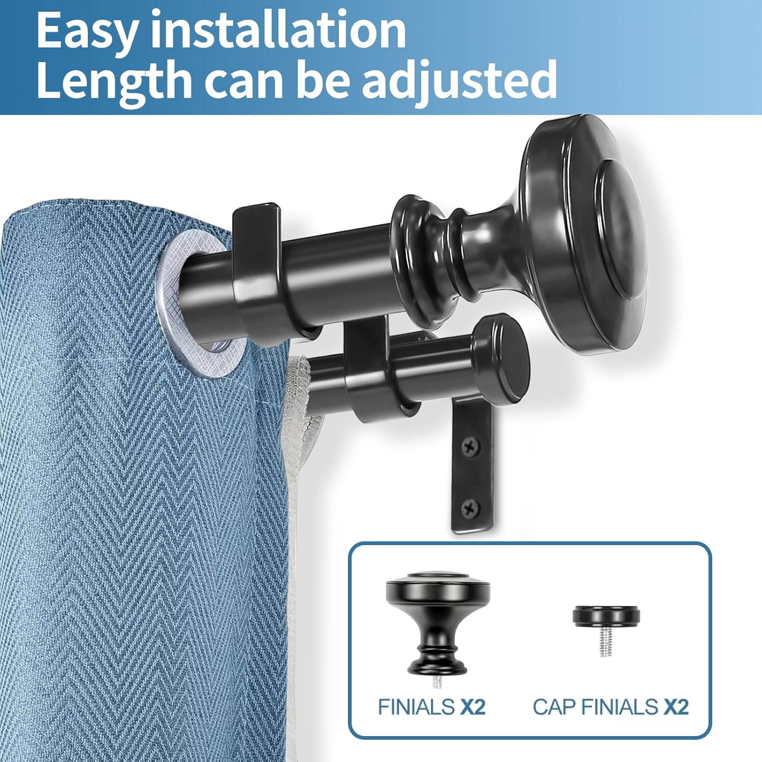 Urbanest Adjustable Double Curtain Rod Set Semplice Flat Button Finials – 1″ Front & 3/4″ Back Rod With Black Rod, 84–120 Inches