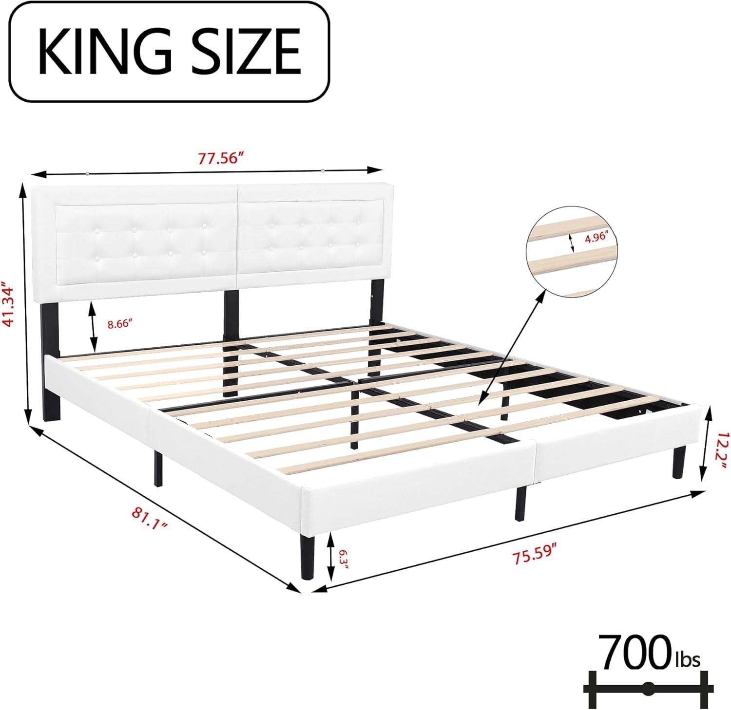 King Size White Modern Upholstered Platform Bed Frame with Button Tufting Headboard Solid Wood Slats Support No Box Spring Needed Easy Assembly