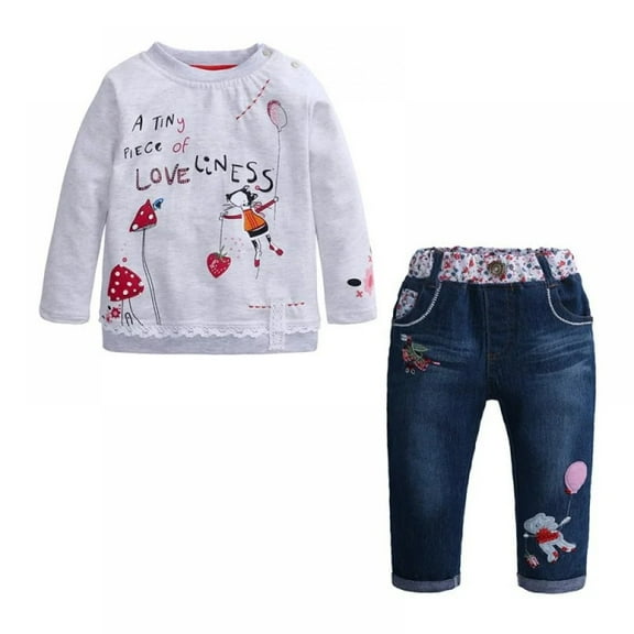 XBASW 1-6T Girls Long Sleeve Cartoon Pullover Sweatshirt and Jeans Pants Spring Fall 2PCS Outfit Set for Baby Kids Toddler
