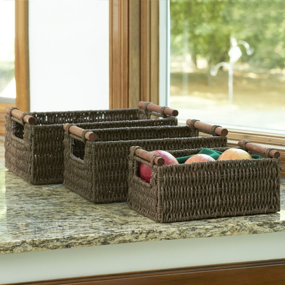 Household Essentials Decorative Woven Baskets Set of 3, Paper Rope with Wood Handles and Metal Frame, Small, Medium and Large, Brown
