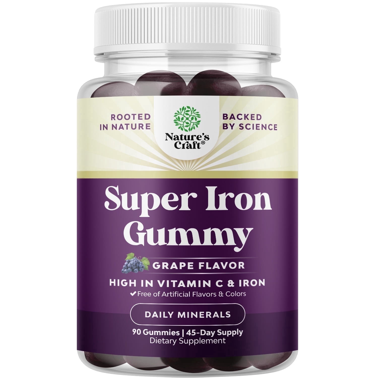 Natures Craft Extra Strength 45mg Iron Gummies with Vitamin C & B Complex, Grape Flavor, 90 Count
