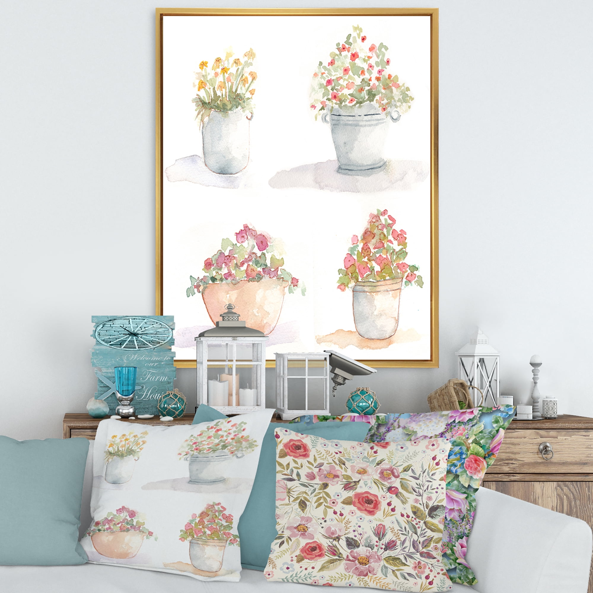 Designart 'Abstract Four Outdoor Flower Pots' Traditional Framed Canvas Wall Art Print