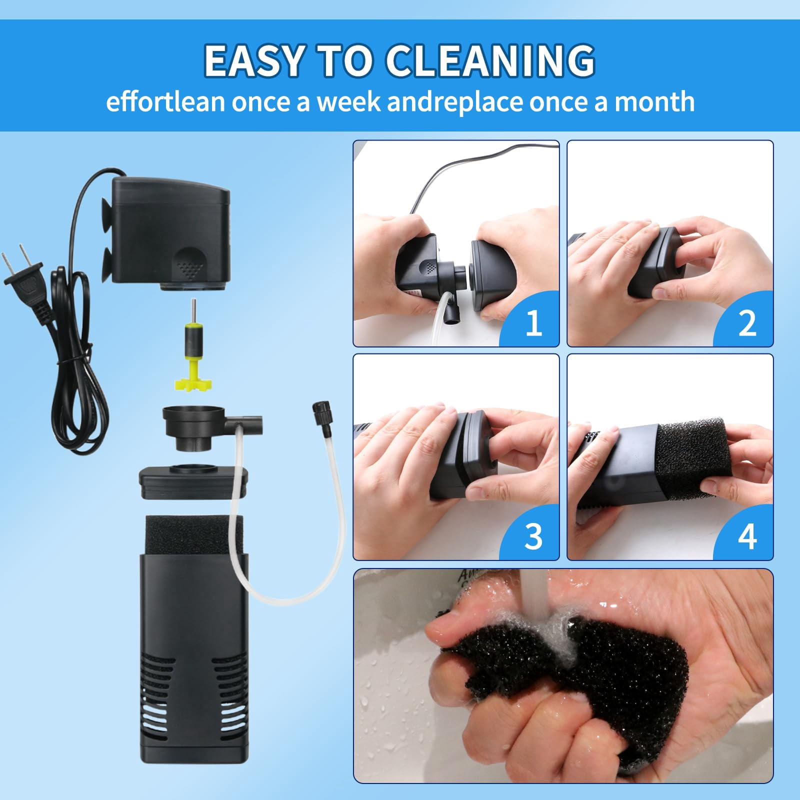 TARARIUM Fish Tank Filter for 15-40 Gallon Tank, 160 GPH Crystal Clear Powerful Internal Aquarium Filters Submersible Pump& Filter System for Fish Tank & Turtle Tank