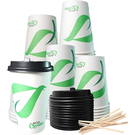 16 oz Compostable Paper Cups with Black Dome Lids and Wooden Stirrers - Biodegradable Disposable White Paper Coffee Cups PLA Lined - Eco-friendly Hot and Cold Drinking Cups (25)