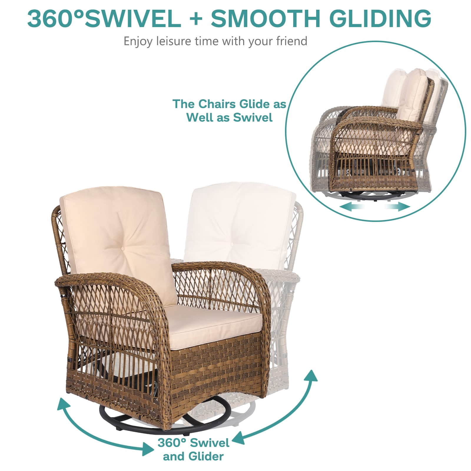 MEETWARM 7 Pieces Outdoor Patio Rattan Furniture Sets, All Weather Patio Wicker Conversation Set- 2 Rocking Chairs, 2 Swivel Chairs, 1 Loveseat Glider with Cushions, 2 Glass-Top Coffee Table, Beige