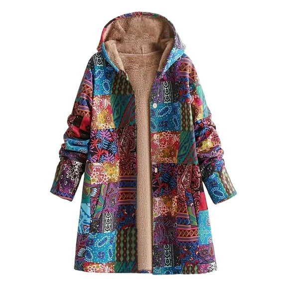 DHFJKG Womens Longline Hooded Jacket Thermal Thick Fuzzy Lining Patchwork Print Long Sleeve Mediun Length Winter Coat Loose Fit Casual Warm Outwear For Cold Weather Classic Outerwear