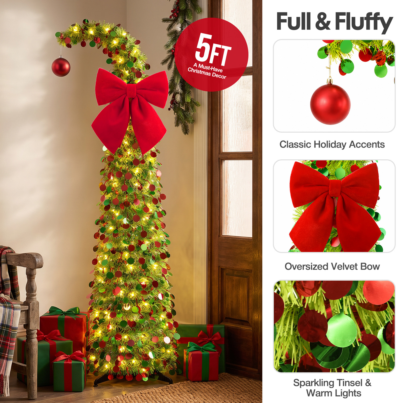 Ayieyill 5-Ft Collapsible Pencil Christmas Tree With Tinsel photo 2