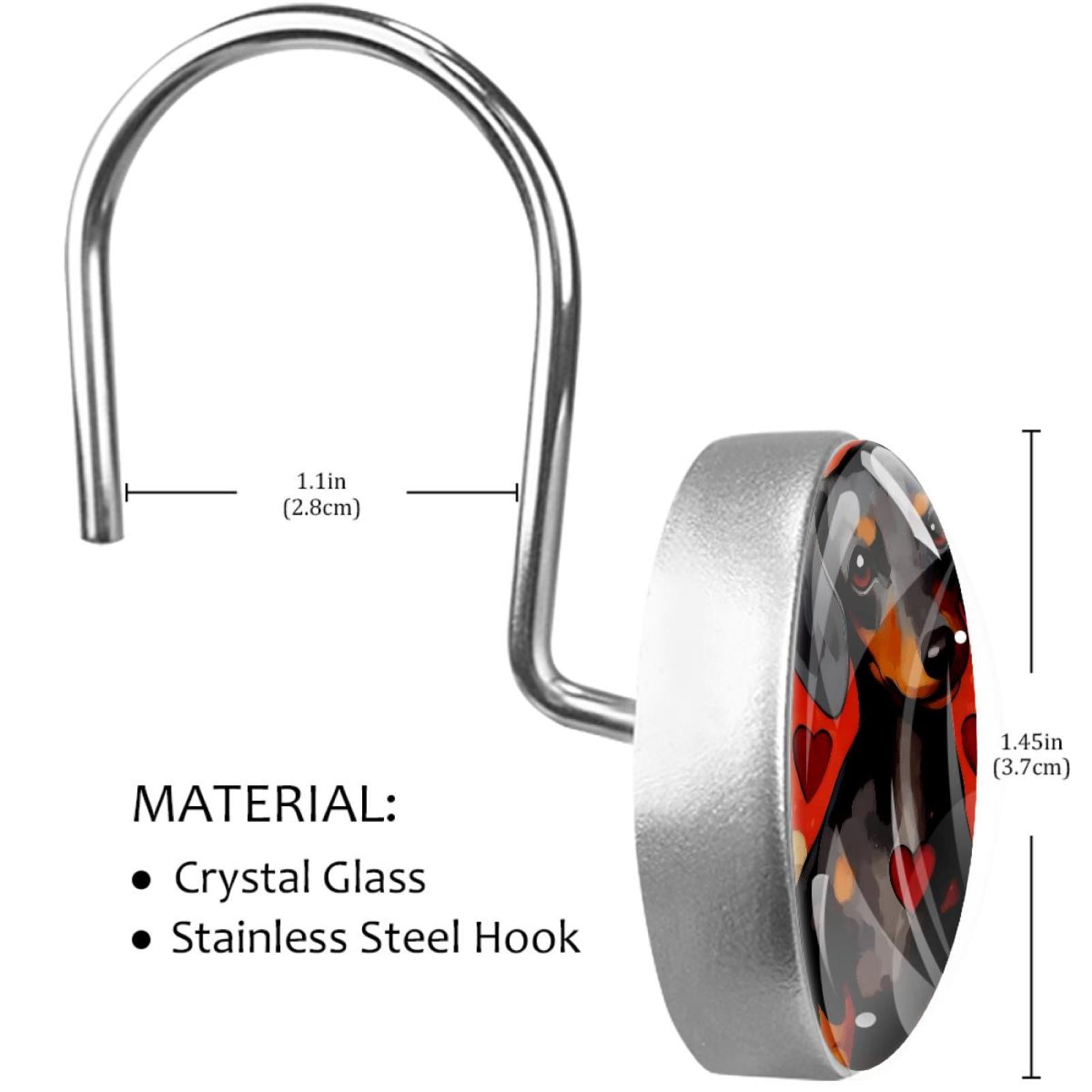 Black Dog on Red Heart Shower Curtain Hooks Round Crystal Glass, Set of 12 Shower Curtain Rings - Shower Hooks for Curtain Shower Rings