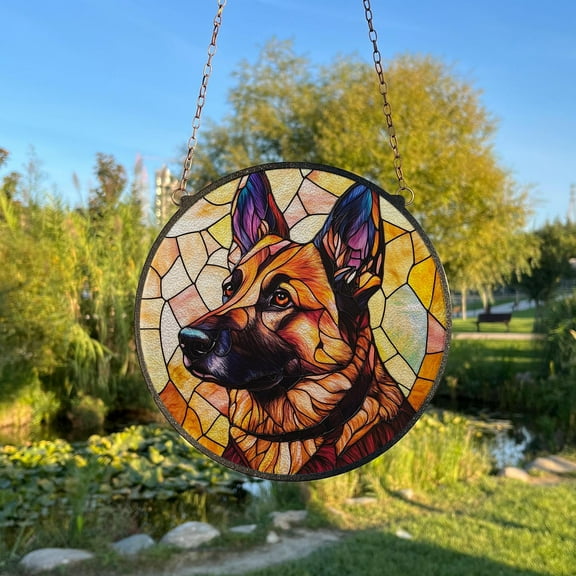 German Shepherd Painted Stained Glass Suncatcher, Dog Window Hanging Decor, Dog Lover Gift, German Shepherd Home Decor