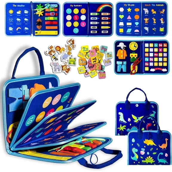 Toddler Busy Board Montessori Toys for Boys and Girls, Sensory Book Educational Activities for Learning Fine Motor Skills, Birthday Gifts Toddlers, Travel Toys for Airplane Car, Green (pages of 8).