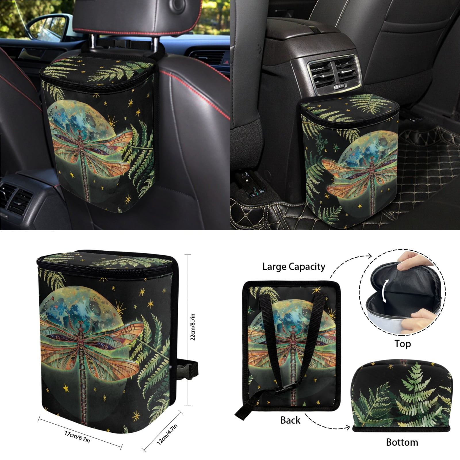 Garronmavis Aesthetic Dragonfly 15 PCS Car Seat Cover Full Set 4 Pieces Car Seat Covers Steering Wheel Cover Keychain Car Trash Can Car Dash Accessories Rearview Mirror Cover Car Coasters