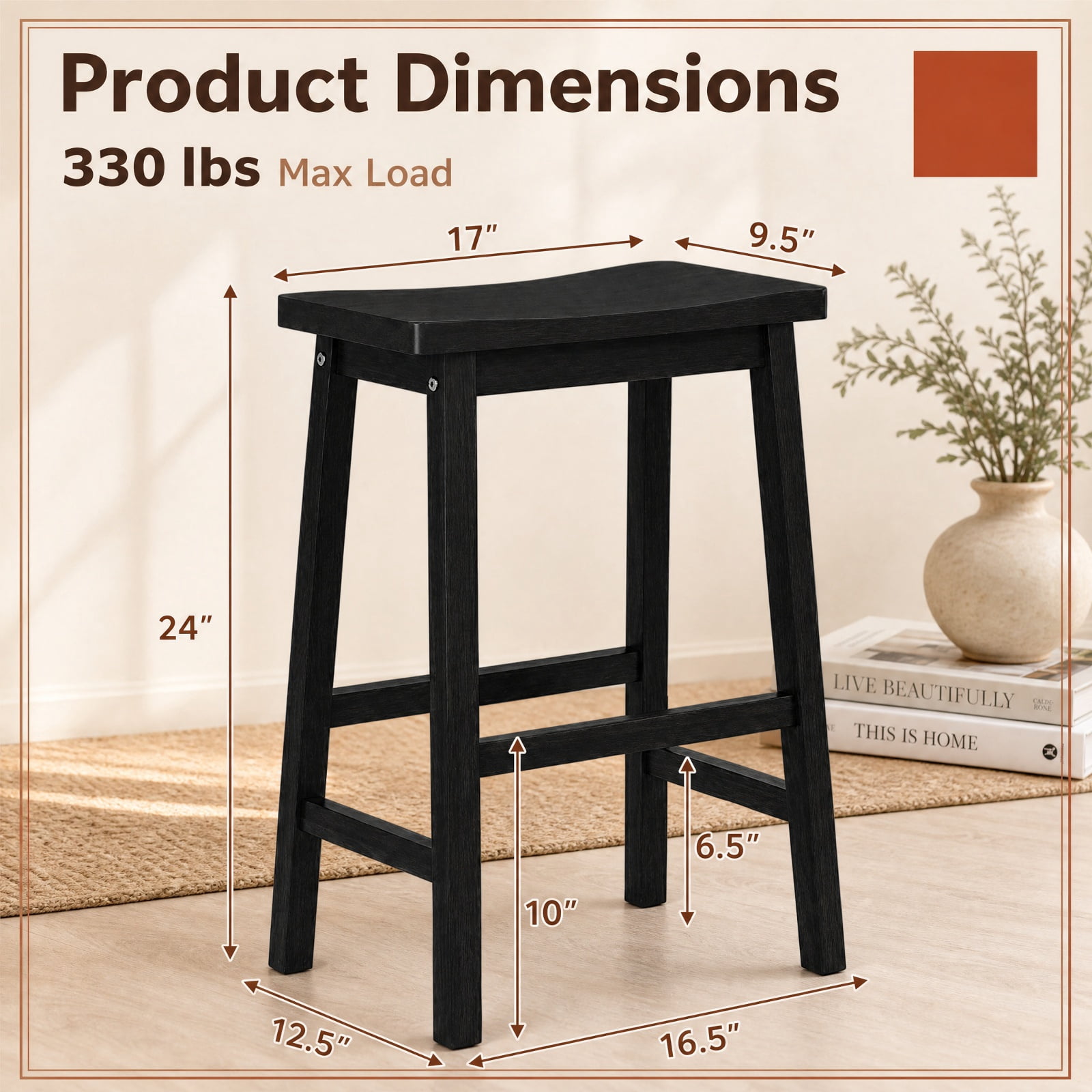 Furnibear Set of 2 Saddle-Seat Counter Height Stools with Curved Seat and Footrests for Kitchen Island Counter Bar Pub Dining Home, Black