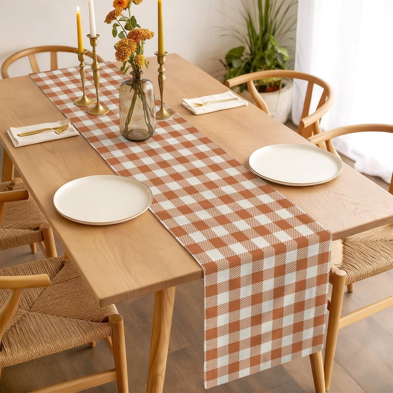 Long Table Setting Table Runner Dresser Scarves 70 Inch Long,Orange White Gingham Grid ...