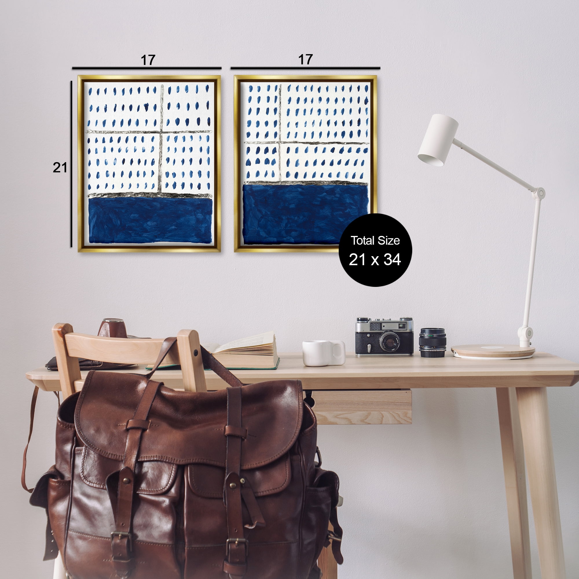 Stupell Industries Abstract Indigo Block Room Abstract Painting Gold Floater Framed Canvas Art Print Wall Art, 17 x 21, Set of 2
