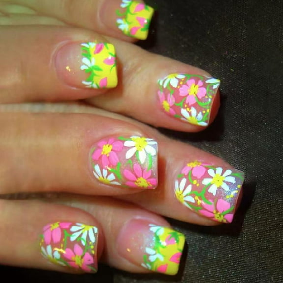 JZROCKER Elegant Glossy Short Square Nails 24Pcs Floral Detail Full Covers Stick on Nails For Daily Wear And Special Event