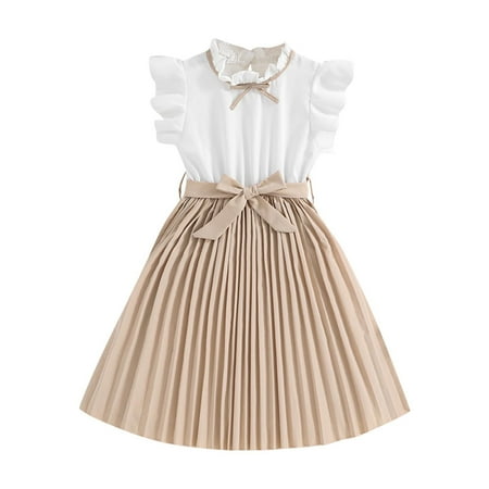 

LNWUY Girls Fashion Fly Sleeve Round Neck Summer Dress Including Belt Middle and Big Kids Casual Comfortable Skirt Set Khaki 11 Years