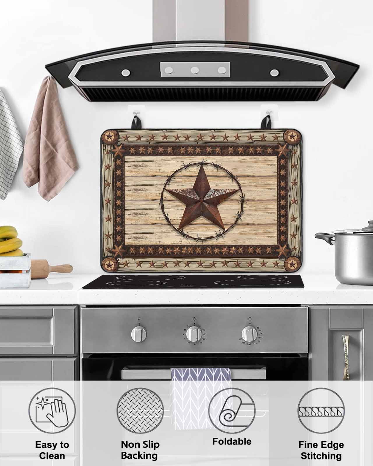 nqOlkjepod Large Induction Cooktop Protector Mat 24"x21", Texas Star Brown Stove Top Covers for Electric Stove, Country Star Rustic Vintage Wooden Stove Burner Cover Mats, Glass Top Stove Cover