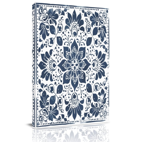 Canvas Wall Art, Blue Floral Framed Canvas Prints for Bedroom Living Room, Ethnic Boho Botanical Geometric Art Large Gallery Wrapped Wall Decor for Home Office, Gifts, 18"x24" Ship Next Day