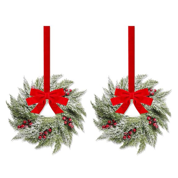 15 Inch Small Christmas Norfolk Wreaths, Christmas Kitchen Cabinet Mini Wreath with Bow Ribbon Cedar Red Berry for Xmas Party Front Door Window Chair Fireplace Table Pillar Farmhouse Decor