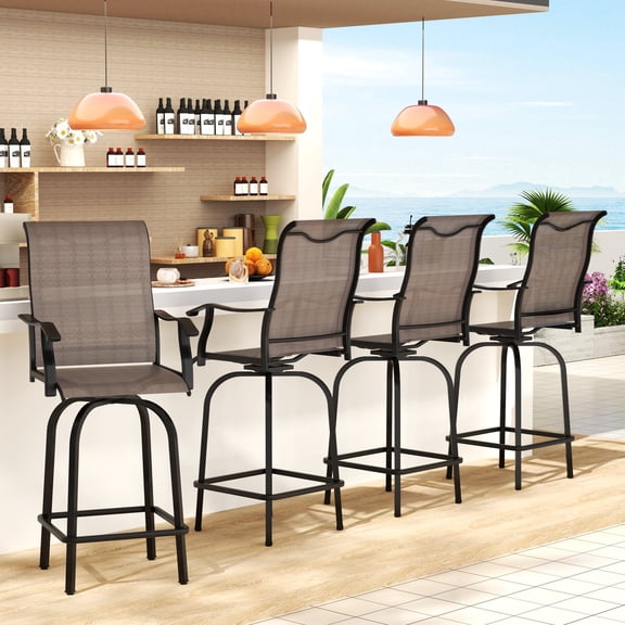 Outdoor Swivel Bar Stools Set of 4, All-Weather Metal Patio Bar Height Chairs with Textilene Fabric & Backrest, Outdoor High Bistro Chairs for Backyard, Garden, Poolside & Balcony