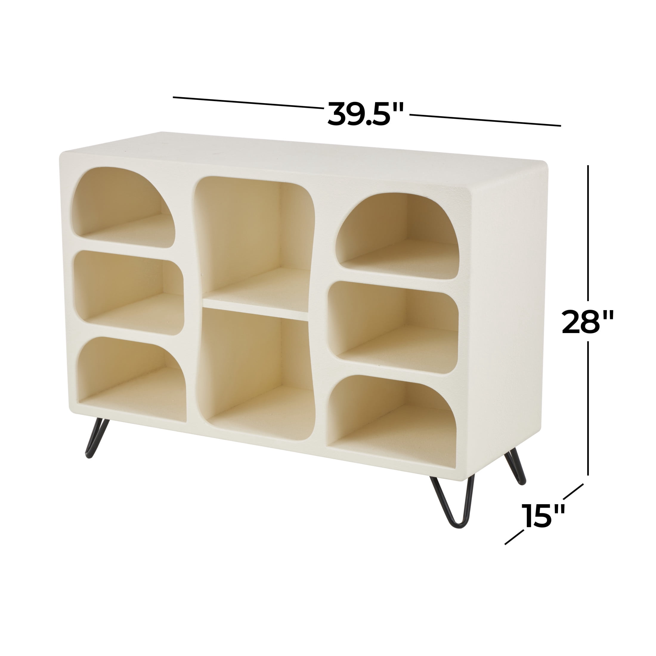 DecMode 40" x 28" Cream Wooden Geometric 8-Tier Shelving Unit with Abstract Block Shapes and Black Hairpin Legs, 1-Piece