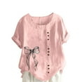 thumbnail image 2 of Xuyuer Women's Casual Linen Round Neck Printed Short Sleeve Button Blouse, Breathable Summer Top for Vacation Wear, Market Days and Relaxed Boho Style, 2 of 5