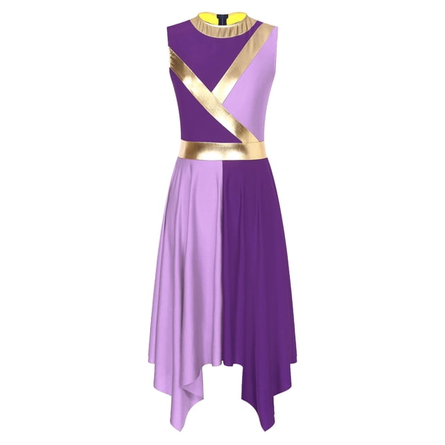 Ocealan Robe de Danse de Louange à Blocs de Couleur pour Femmes Sans Manches Métallique Église Tunique de Danse Liturgique Costumes de Danse Lyrique Violet&Violet Clair TG