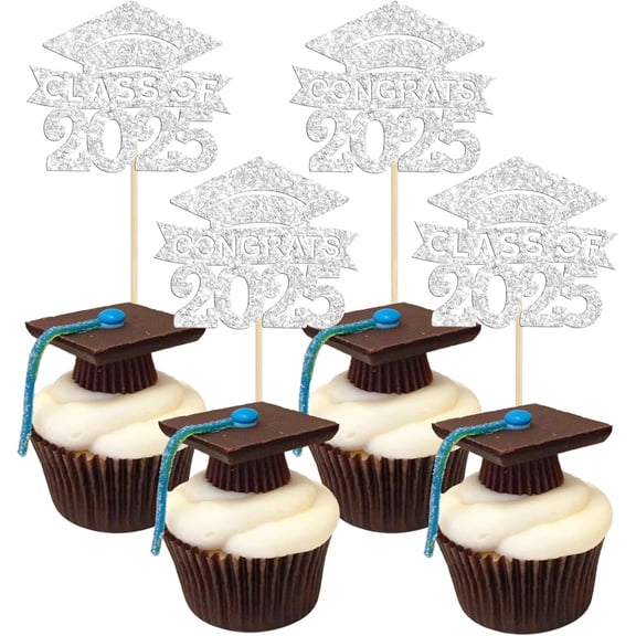 36Pcs 2025 Graduation Cap Cupcake Toppers 2025 Silver Glitter Class of 2025 Cupcake Picks 2025 Graduation Theme Party Cake Decorations