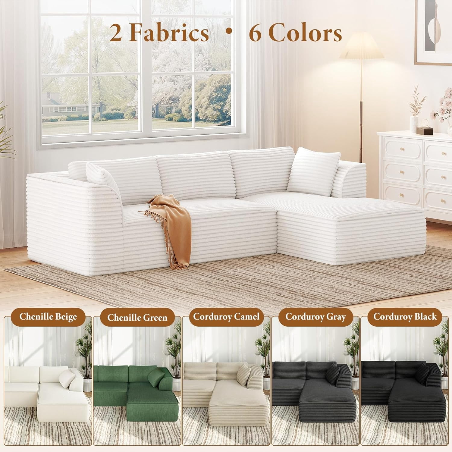 Neche 106" Modular Sectional Sofa with Chaise, Deep Seat Comfy Cloud Couch Corduroy L Shaped Sofa Sectional Couches for Living Room Bedroom, No Assembly Required (Beige, Right-Facing Chaise)