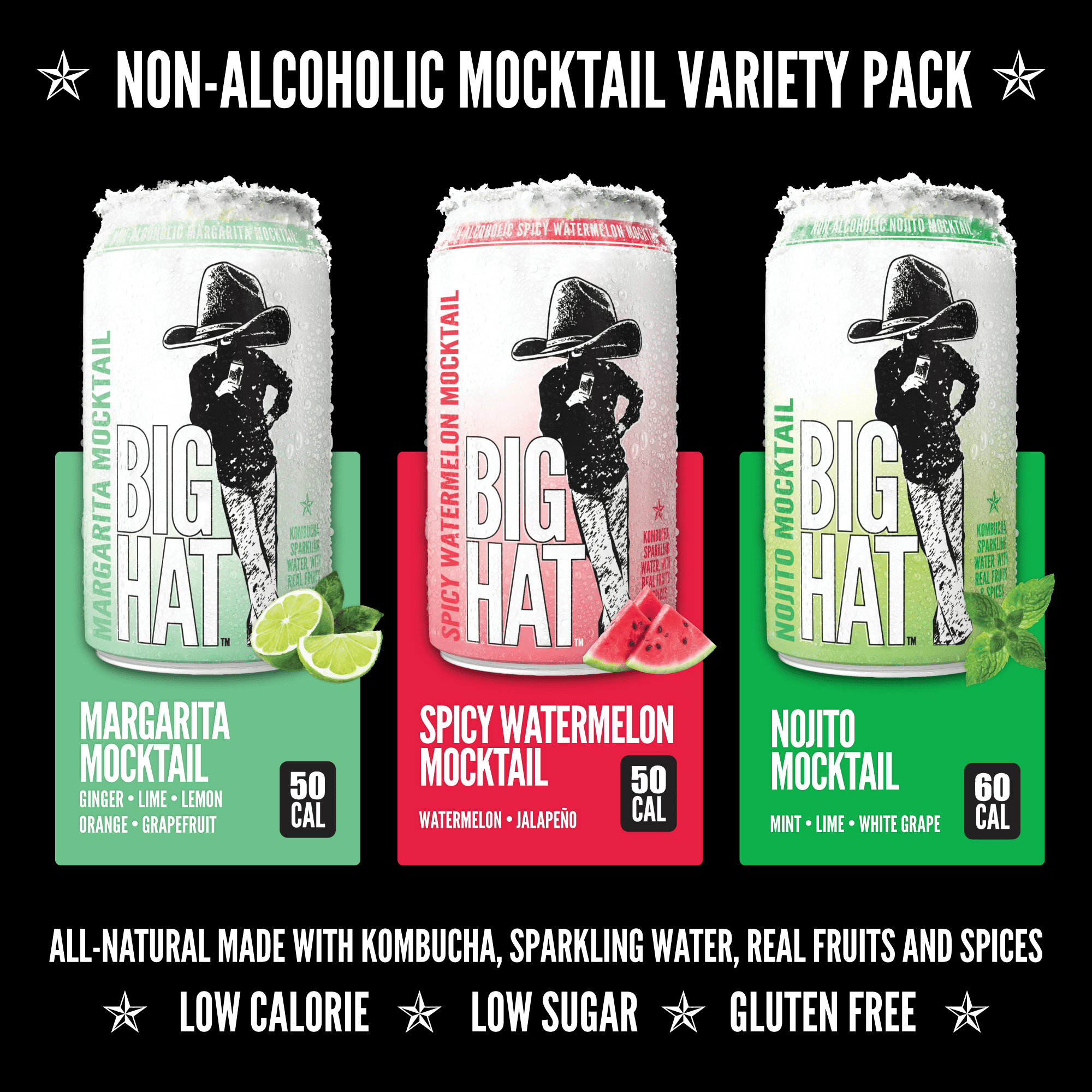 BIG HAT Mocktail Non-Alcoholic Variety Pack with Margarita, Nojito, and Spicy Watermelon, 6 Pack, 12 fl oz Cans
