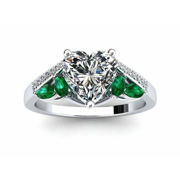 Heart Cut Diamond Wedding Anniversary Ring, Marquise Cut Green Emerald Accents Diamond Engagement Ring, 2.3 Ct Simulated Diamond, 14K White Gold Plated, Proposal Ring For Her