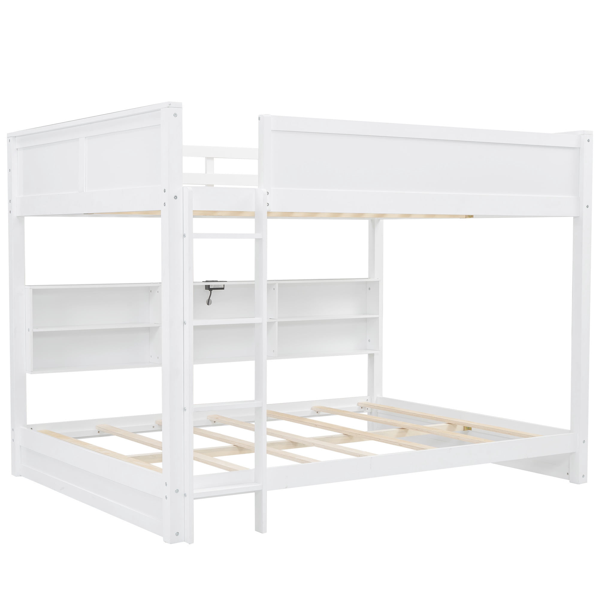 Queen over Queen Size Bunk Bed with Bookshelves, Solid Wood Queen Size Bunk Beds with USB Ports and Ladder for Kids Teens Adults, No Box Spring Needed