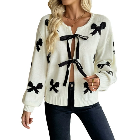 Women Tie Front Sweater Cardigan Trendy Y2k Knitted Cardigan Cream White S