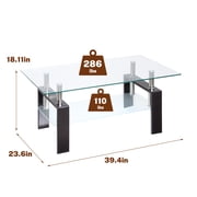 SEGMART Glass Coffee Table, Rectangle Coffee Table, Tea Table, Modern Side Coffee Table with Iron Leg, Glass Tabletop with Lower Shelf, Modern Dining Center Table for Home Living Room Office