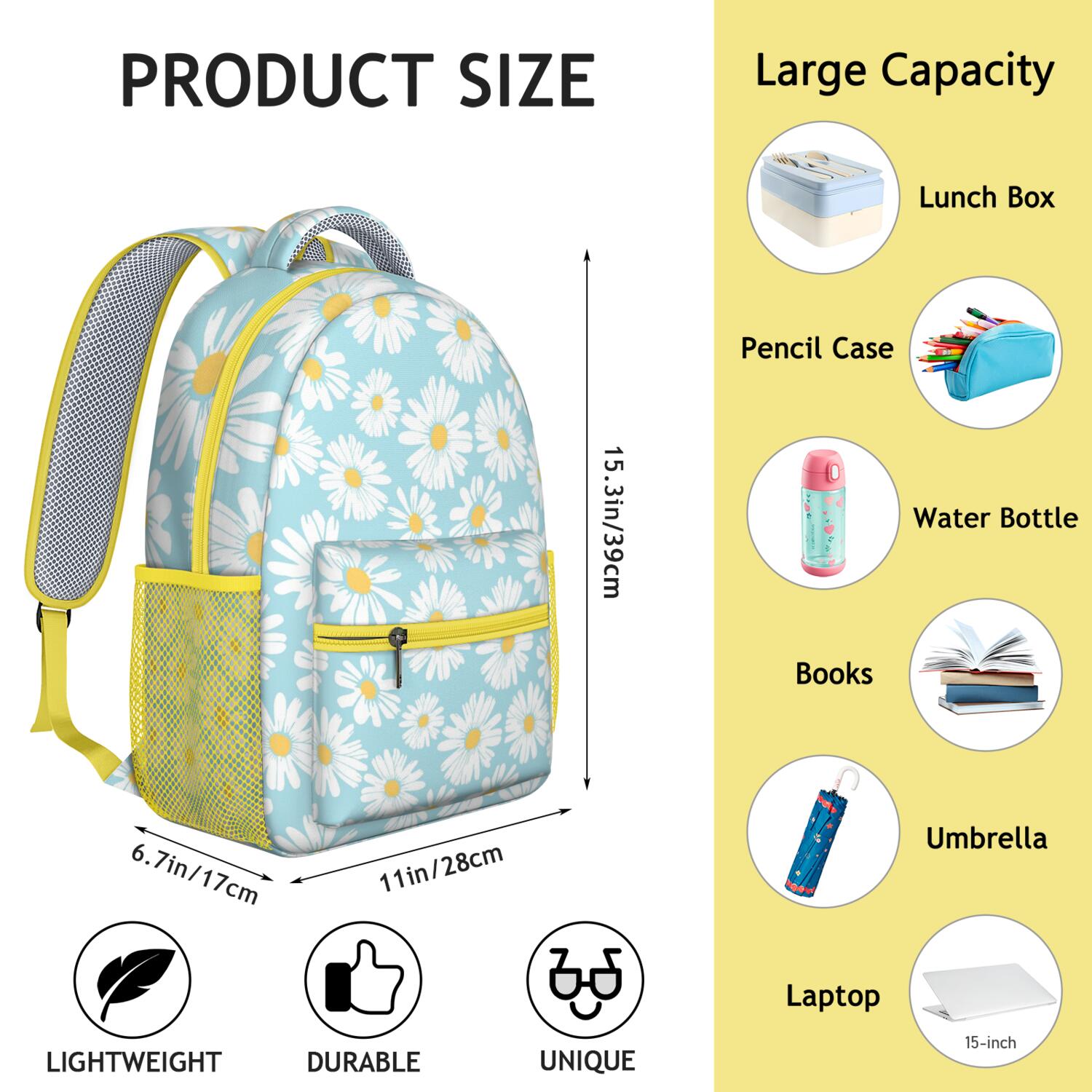 Watercolor Daisy Artwork School Bag - Breathable & Ergonomic for Teenagers