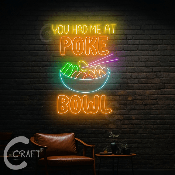 C-CRAFT Poke Bowl Neon Sign Led Light Up 40 inch for Hawaiian Restaurant Wall Art Decor