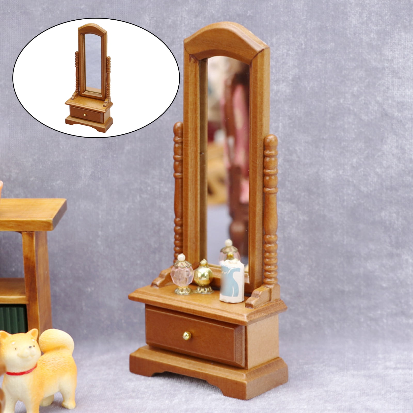 Dolls House Black Wood Cheval Dressing Mirror Miniature 1:12 Bedroom Furniture 