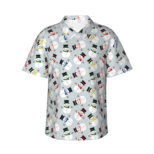 Fotbe Colorful Hat Snowman Camisa Hawaiana para Hombre Unisex – Camisa Casual de Verano con Botones de Manga Corta de Algodón y Lino,Medium