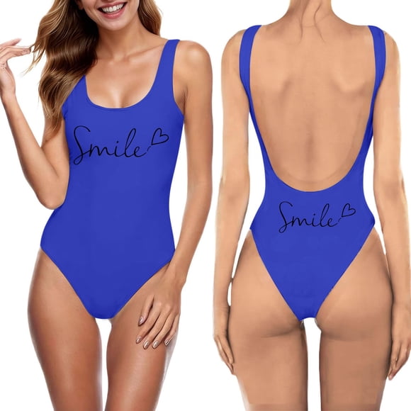 HXWCHs Long torso Swimwears One - Women Fashion Letter Print Piece Swimsuit Bathing Sleeveless Backless Swimsuit - L Blue