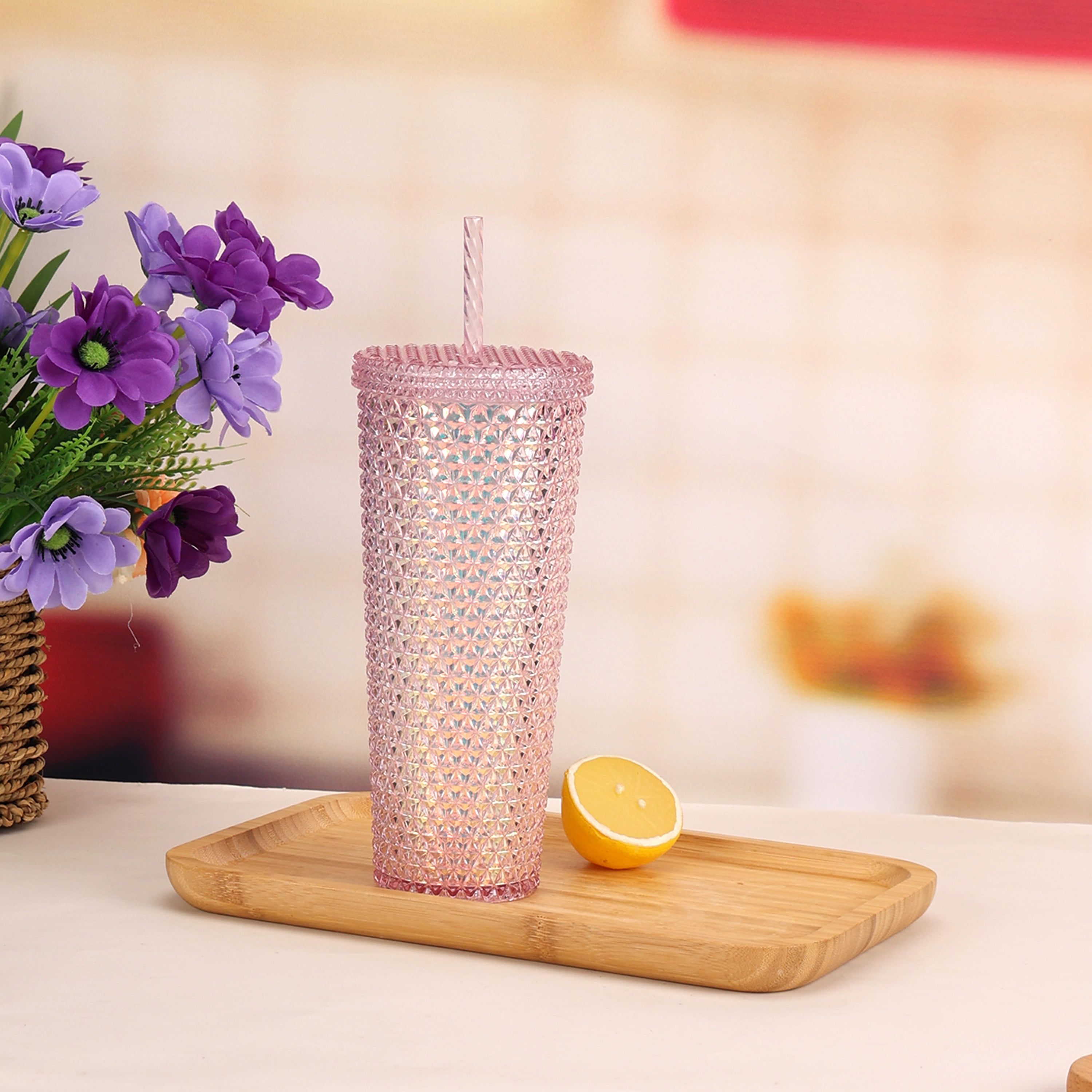 (4 pack) Mainstays 26-Ounce Capacity Plastic Double Wall Insulated Iridescent Textured Tumbler, Pink