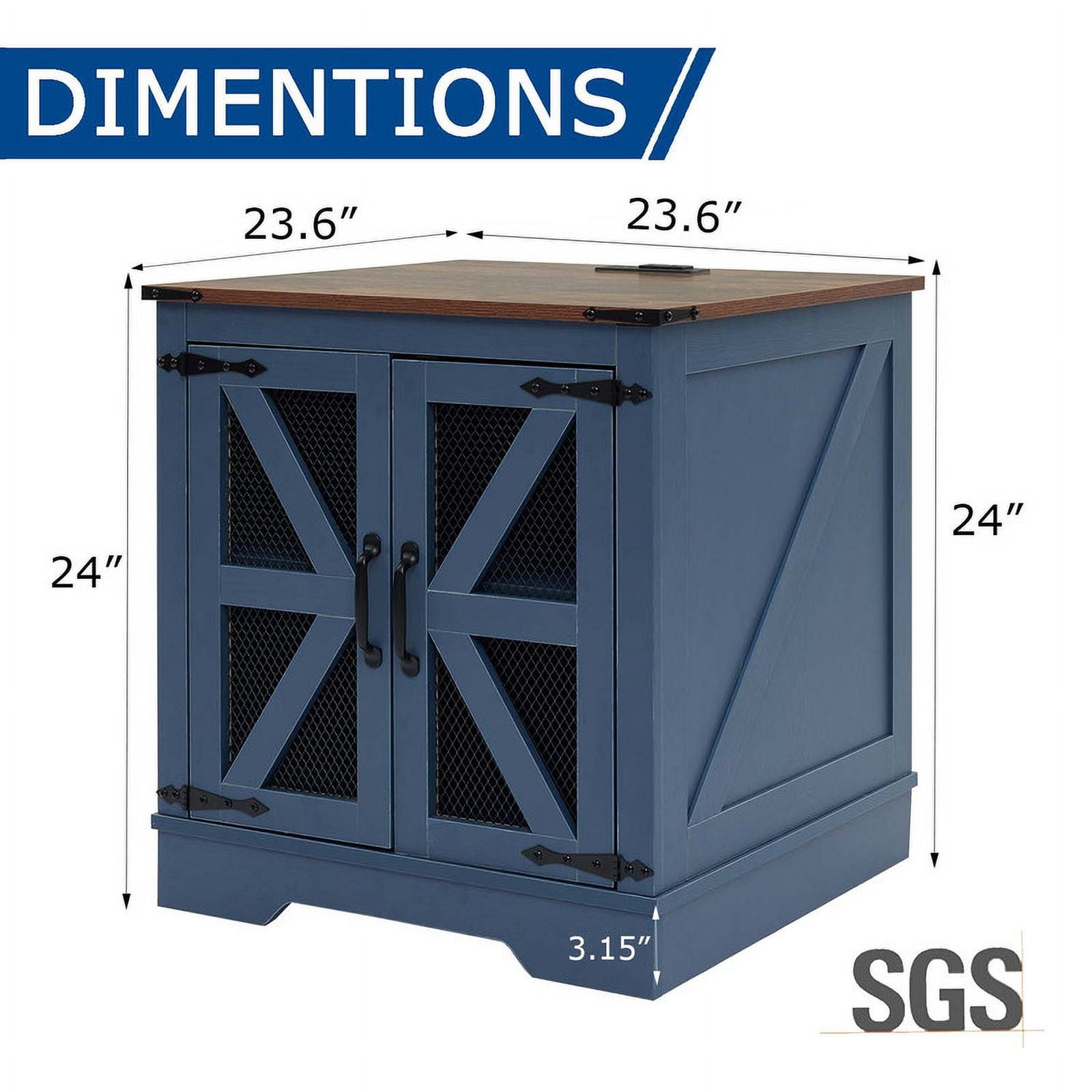 Farmhouse End Table with Charging Station, Nightstand with 2 Outlets & 2 USB Ports, Vintage Industrial Side Table,Blue