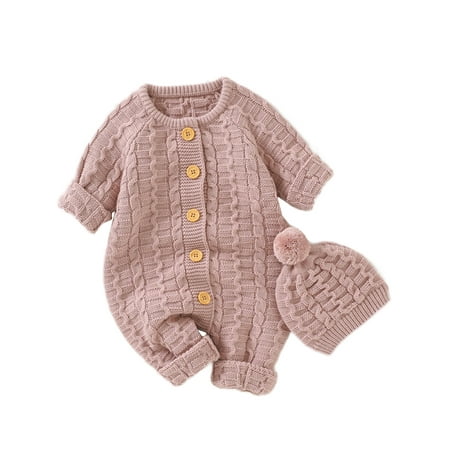 

Haite Infant Buttons Solid Color Two Piece Outfits Loose Knitted Hat And Jumpsuit Sets Travel Long Sleeve Plush Pompom Romper Hats Set Pink 86cm