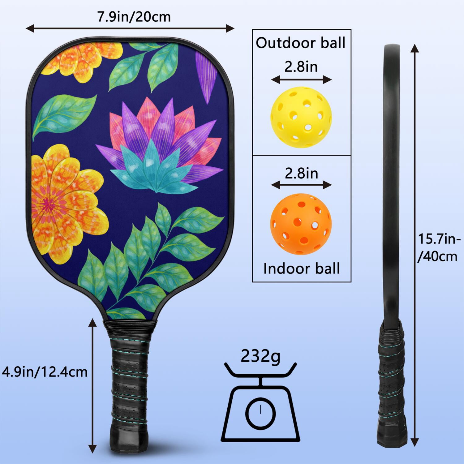 Pickleball Paddles Set Of 2, Fiberglass Surface, Vintage Floral Print, 4 Balls & Bag