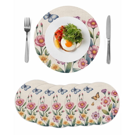 Pink Flowers Round 13 Inch Placemats Set of 6, Spring Floral Butterfly Leaves Plants Retro Beige HeatResistant Non Slip Place Mats for Dining Table, Wipeable Kitchen Table Mats for Housewarming